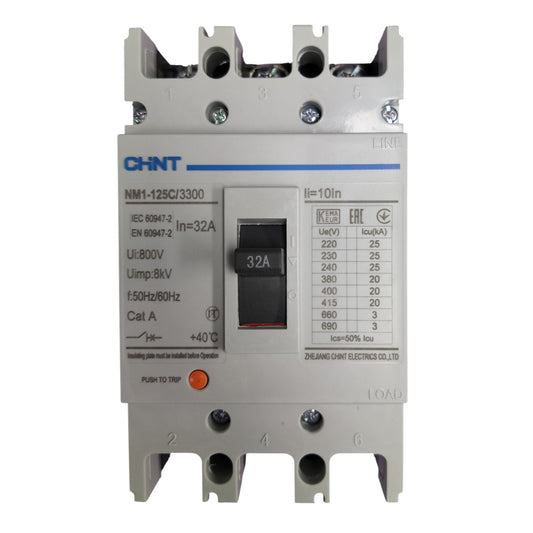 A CHINT NM1-125CJ/3300 3-phase electrical contactor with a 32A main switch, featuring a gray plastic housing, black switch, and blue brand logo on a white background.