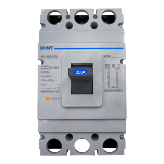 A CHINT brand 3-pole circuit breaker with a gray plastic housing, a black central handle, and a blue digital display showing '350A'.