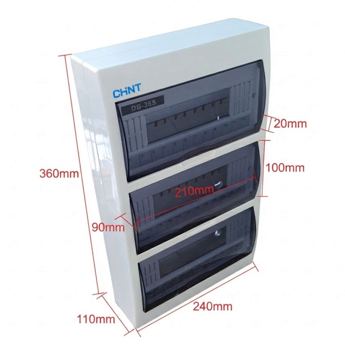 A white wall-mounted electrical distribution box with three dark gray front compartments and red dimension callouts showing measurements such as 360mm height, 240mm width, and 110mm depth. The brand name CHNT is printed in blue on the upper left front.