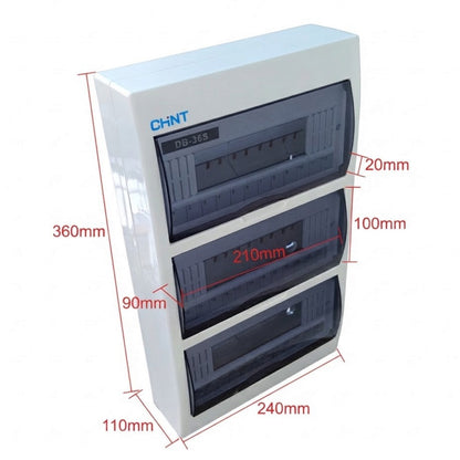 A white wall-mounted electrical distribution box with three dark gray front compartments and red dimension callouts showing measurements such as 360mm height, 240mm width, and 110mm depth. The brand name CHNT is printed in blue on the upper left front.