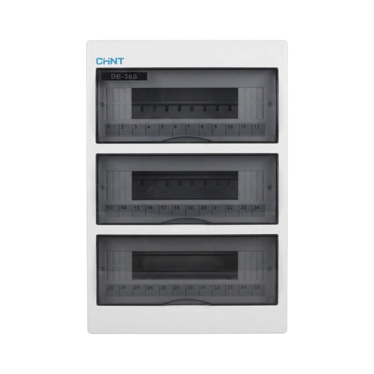 A white CHNT DB-36S three-door electrical distribution board with dark gray translucent doors and visible internal busbars, shown on a plain white background.