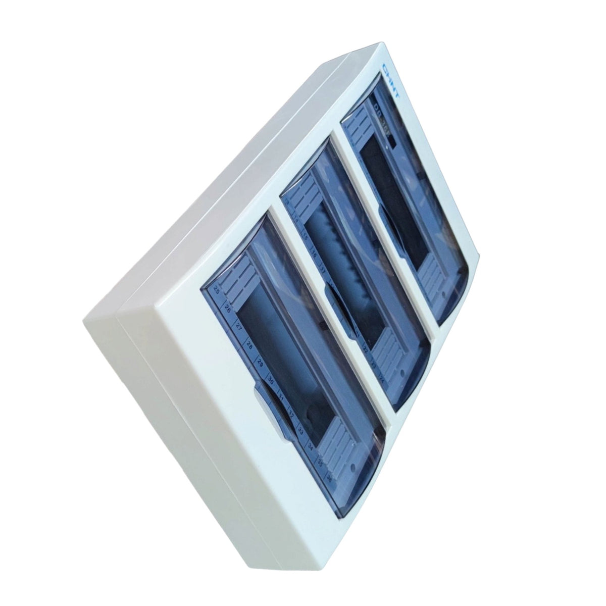A white rectangular wall-mounted storage cabinet with three blue translucent doors, shown at an angle on a plain white background.