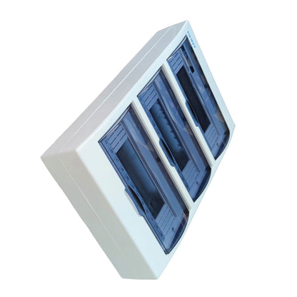 A white rectangular wall-mounted storage cabinet with three blue translucent doors, shown at an angle on a plain white background.