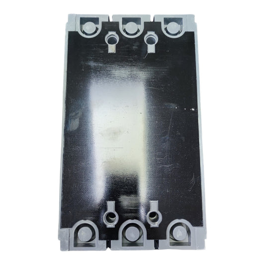 A heavy-duty black metal electrical terminal block with silver-gray plastic end caps and mounting holes, shown against a plain white background.