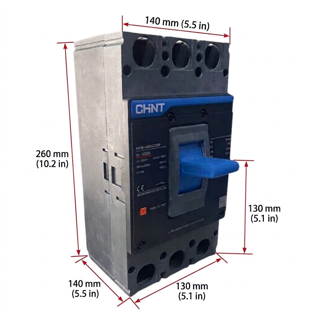 A CHNT circuit breaker shown on a white background with red dimension arrows and labels indicating 260 mm height, 140 mm width, and 130 mm depth.