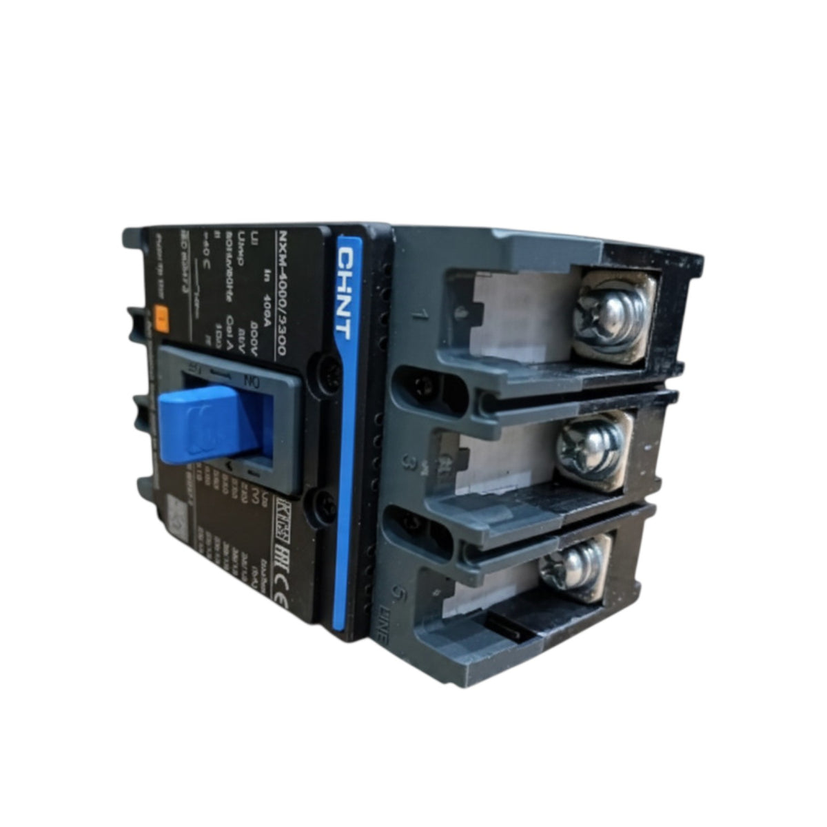 A CHNT electrical contactor with a blue handle and blue accent strip, shown on a plain white background.