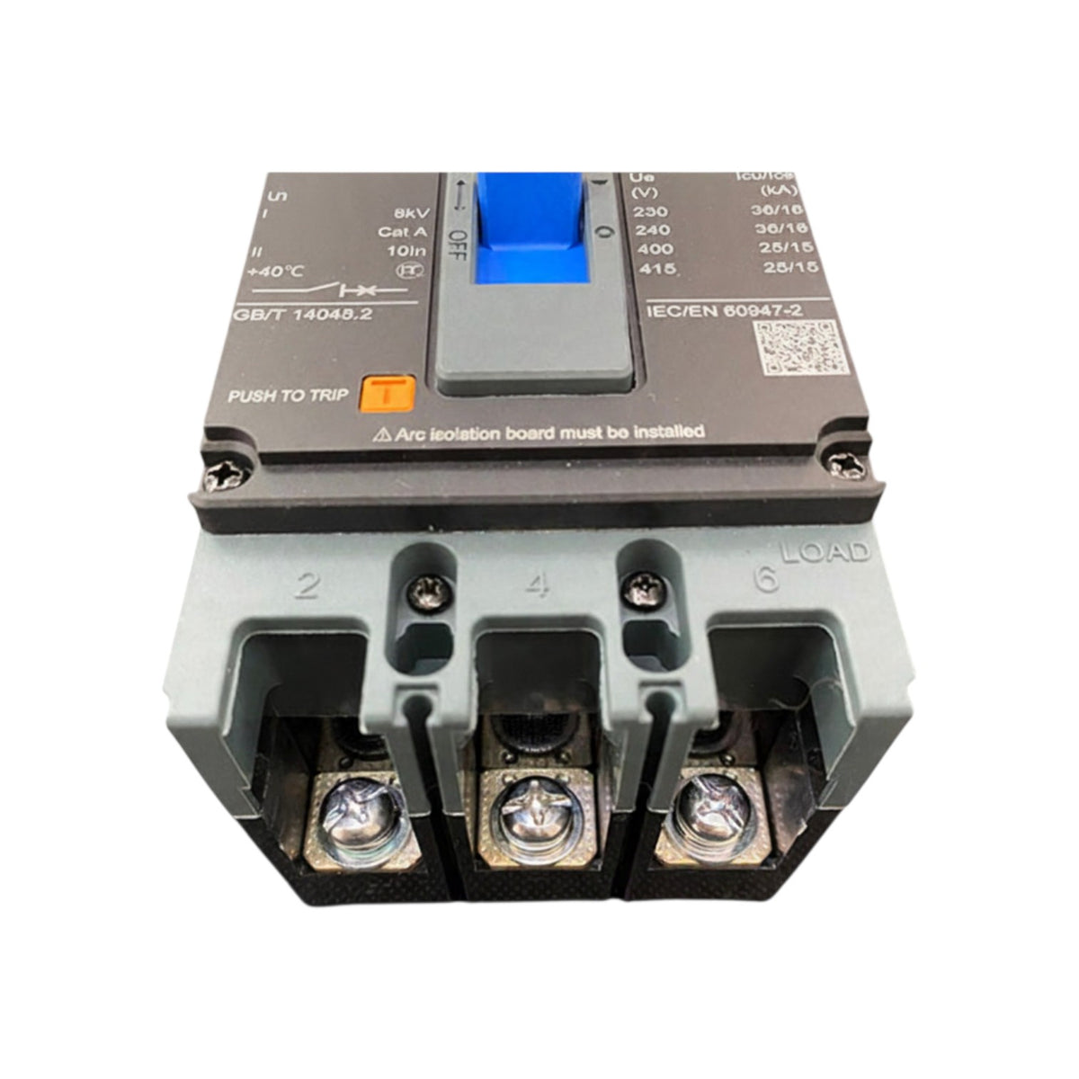 An industrial electrical contactor or relay component with a dark gray top plate, a blue central switch, and three gray terminal housings at the bottom, photographed on a plain white background.