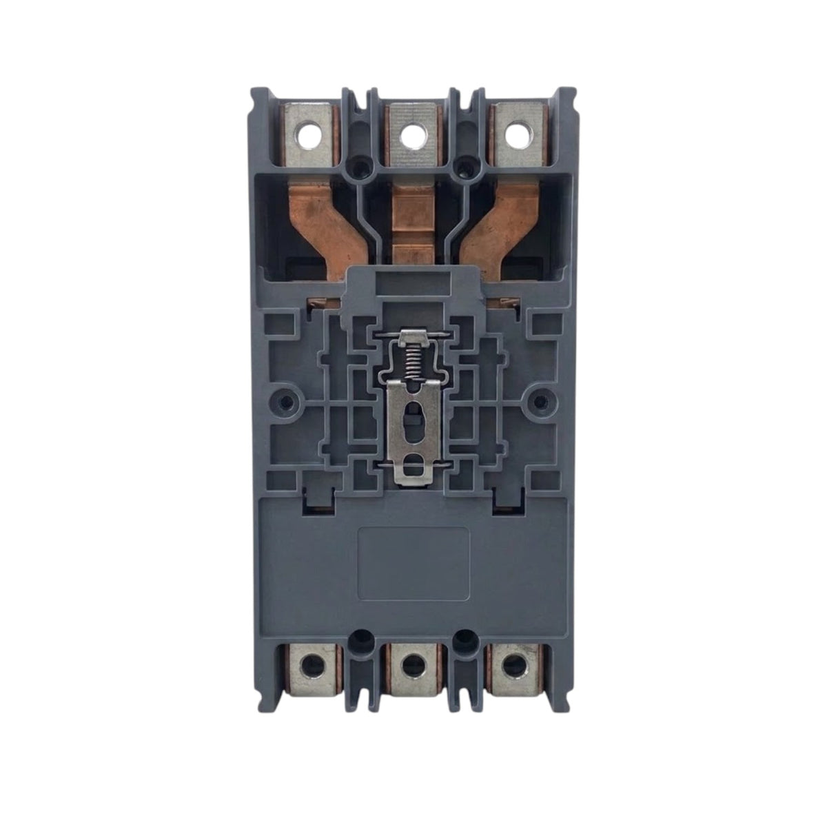 A three-phase electrical contactor with a dark gray plastic housing, copper-colored internal contacts, and silver metal terminal screws, shown against a plain white background.