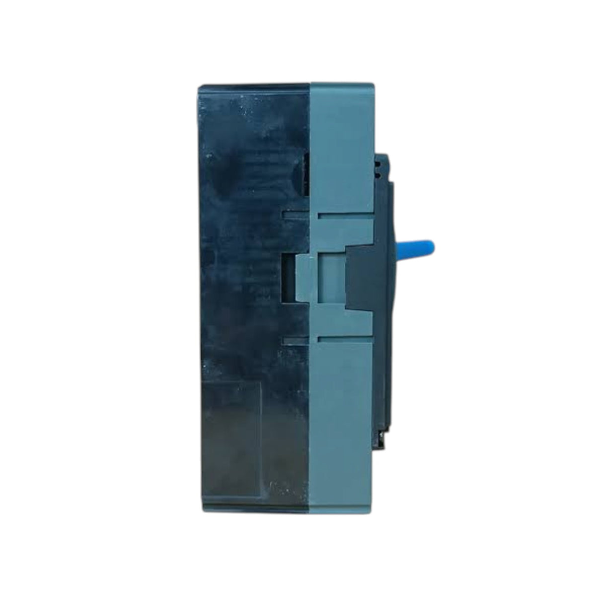 A dark gray and light blue plastic electrical component or switch module with a small blue protruding tab, shown from a side profile view on a white background.