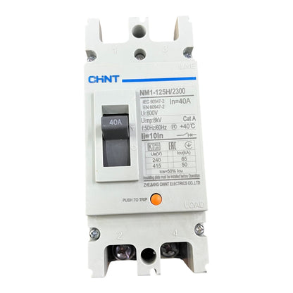 A CHNT NM1-125H/2300 circuit breaker with a 40A switch, featuring a white plastic housing, blue brand logo, and technical specifications printed on the front, set against a plain white background.