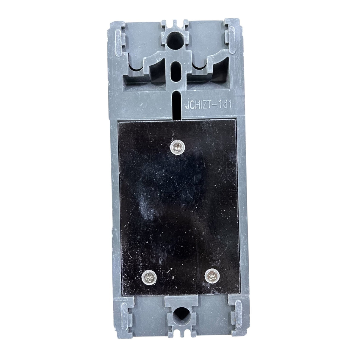 A gray plastic electrical terminal block or connector component with a black central panel secured by three silver screws, shown against a plain white background.