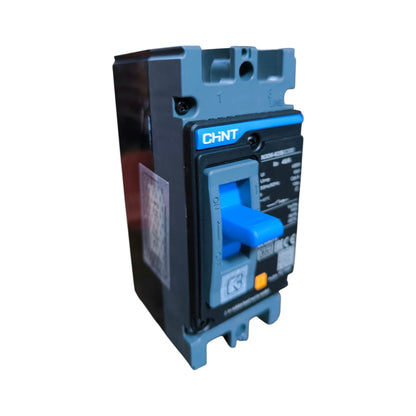 A CHNT circuit breaker with a blue handle and blue top/bottom mounting pieces, set against a plain white background.