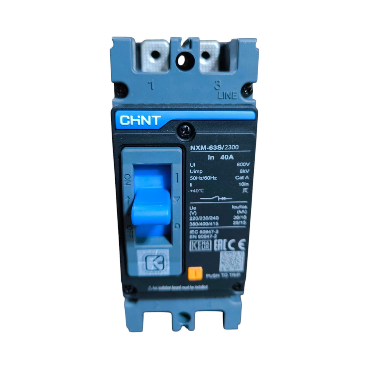 A CHINT NXM-63S/2300 electrical contactor with a blue and black plastic housing, featuring a blue switch handle and terminal markings.