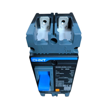 A CHNT NXM-435/J1300 circuit breaker with a blue and black plastic housing, featuring a blue switch handle and terminal blocks on top, set against a plain white background.