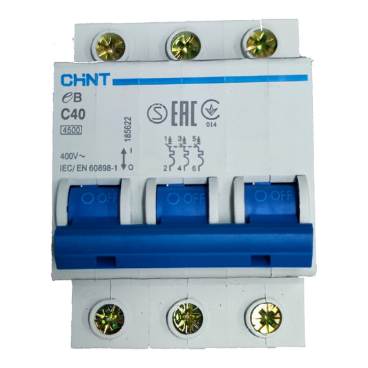 CHNT CB C40 4500 three-way modular electrical contactor with blue and white plastic components and gold-colored terminal screws.