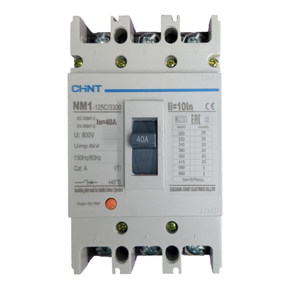 CHNT NM1-125C/3300 electrical contactor with a 40A switch, featuring a white plastic housing, green terminal screws, and blue printed specifications on a white background.