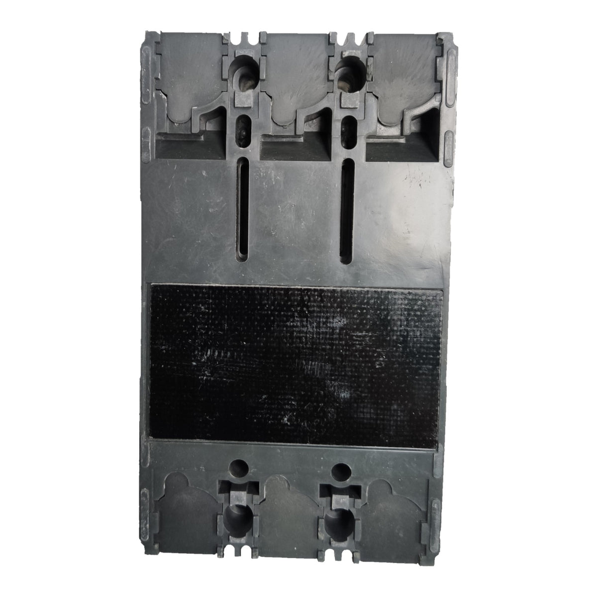 A dark gray molded plastic electrical component or terminal block with a textured black panel in the center, shown against a plain white background.