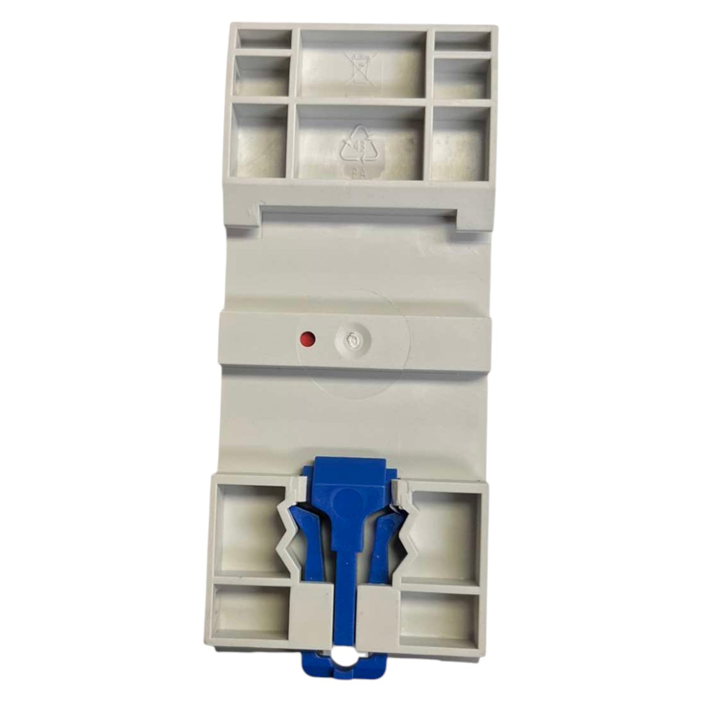 Gray plastic component with blue clip on a white background