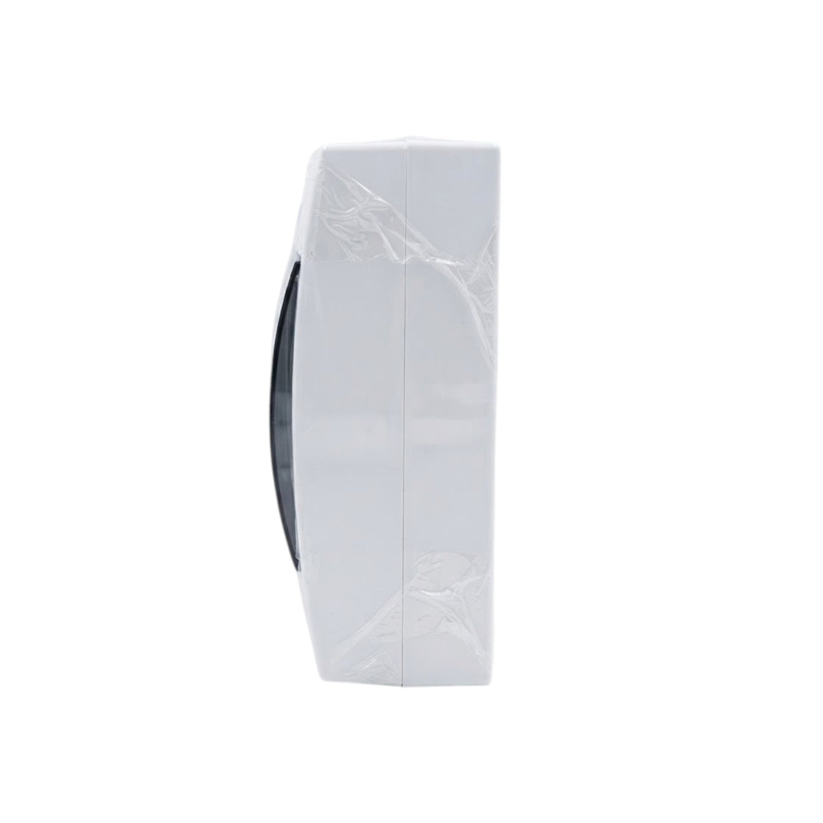 A white wall-mounted dispenser with a glossy finish and a dark circular window on the side, shown from the front against a plain white background.