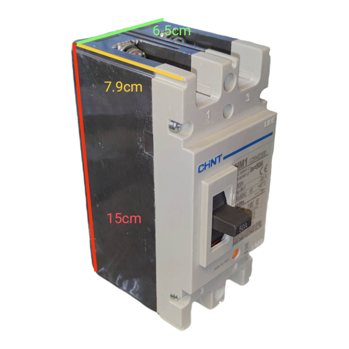 A CHNT circuit breaker with dimension annotations showing its height as 7.9cm, depth as 15cm, and width as 6.