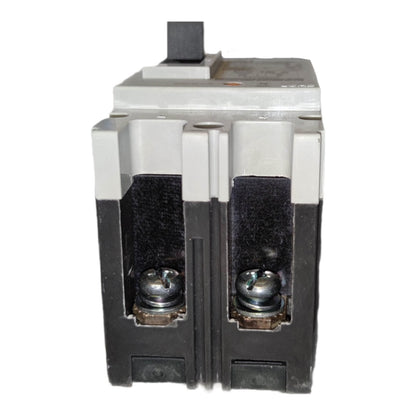 A two-pole electrical circuit breaker shown from the front, featuring a black plastic housing, silver metal terminals, and a silver-colored top cover with a black handle, set against a plain white background.