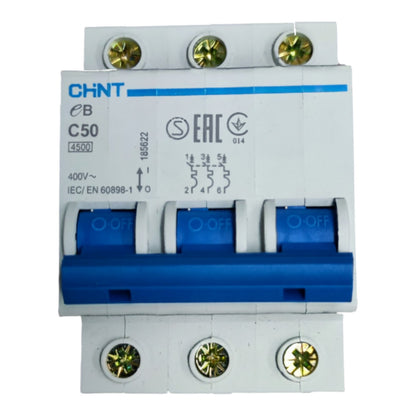 CHNT CB C50 4500 three-way modular electrical contactor with blue and white plastic components, shown on a solid white background.