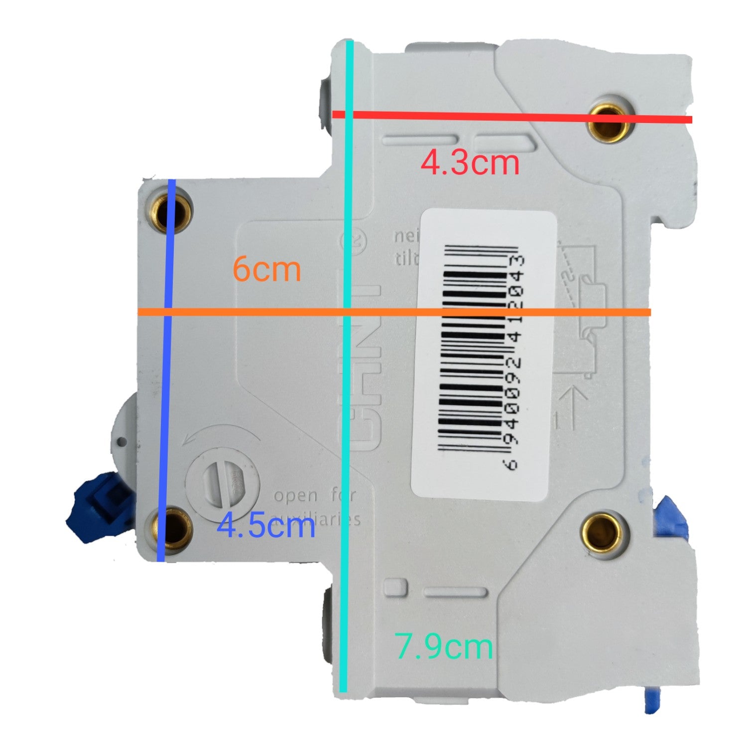 A technical product photo showing the back of a white plastic electrical component with overlaid dimension lines and measurements in red, orange, blue, and green text on a plain white background.