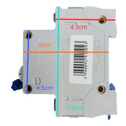 A technical product photo showing the back of a white plastic electrical component with overlaid dimension lines and measurements in red, orange, blue, and green text on a plain white background.