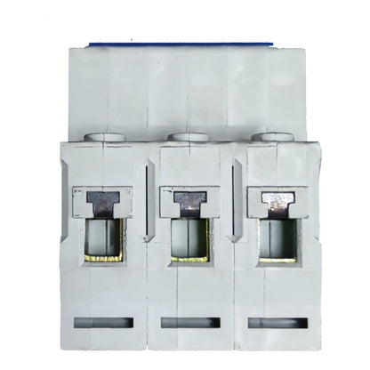A three-pole electrical circuit breaker with a white plastic housing, three individual switch compartments, and a blue top strip, shown against a plain white background.