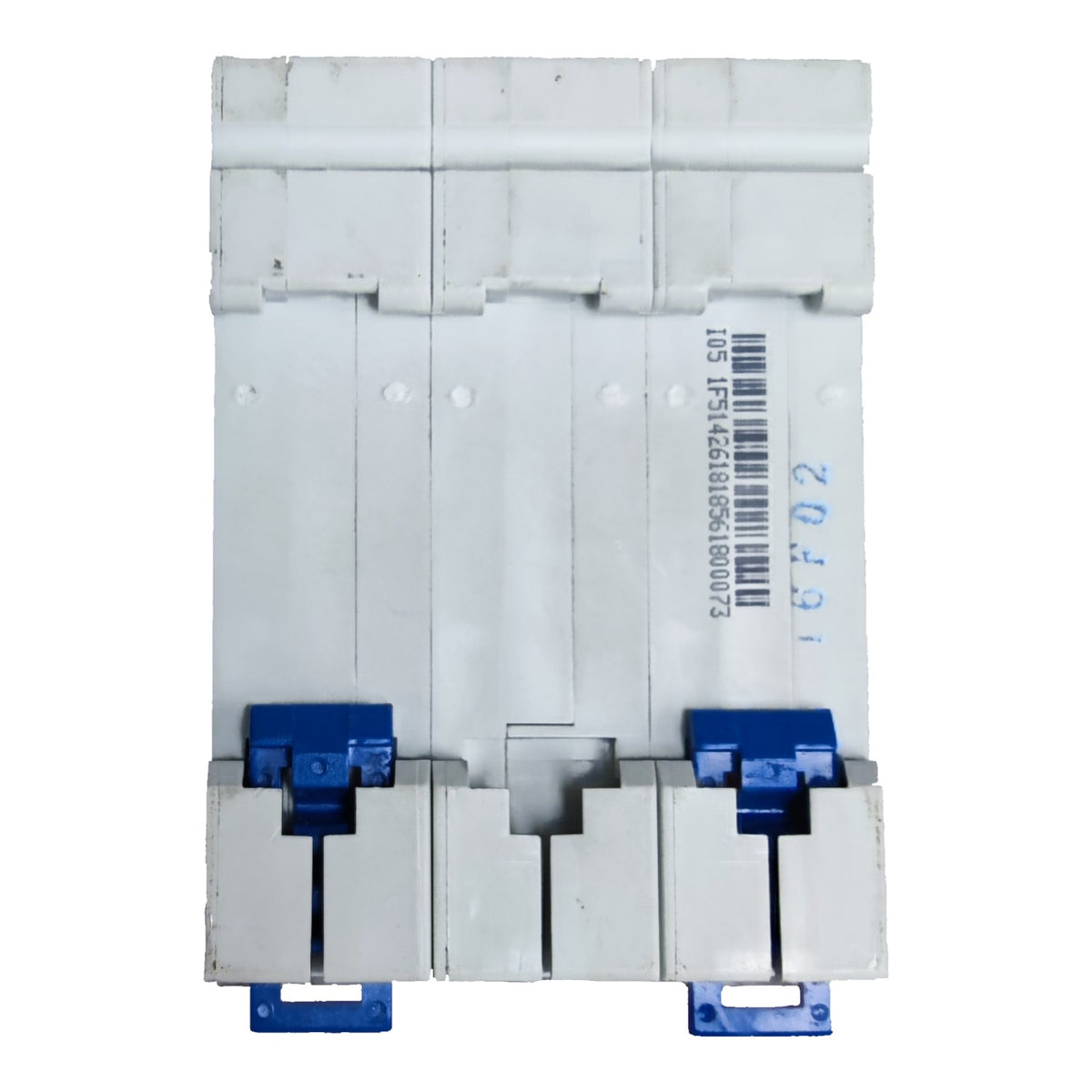 A white plastic electrical terminal block with blue plastic locking latches at the bottom, featuring a printed barcode and serial number on the side.