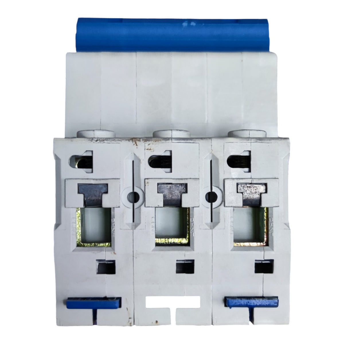 A three-phase electrical circuit breaker with a white plastic housing, blue terminal covers, and a blue top handle, shown against a plain white background.