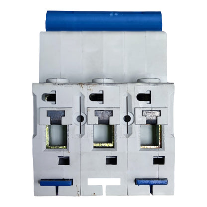 A three-phase electrical circuit breaker with a white plastic housing, blue terminal covers, and a blue top handle, shown against a plain white background.