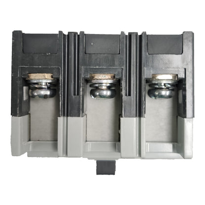 A three-terminal electrical terminal block connector with black and gray plastic housing and silver metal contacts, shown on a plain white background.