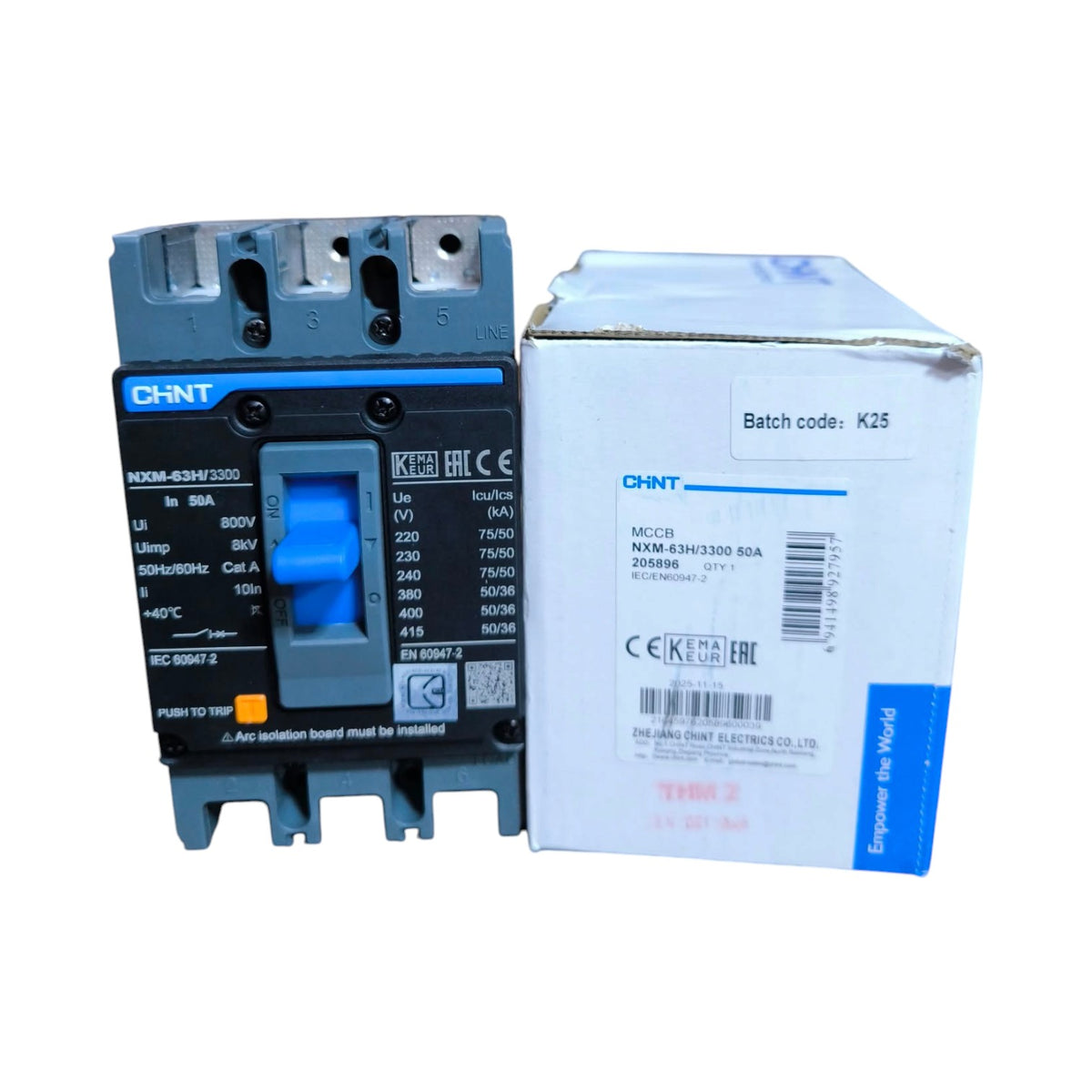 CHNT NOKA H08M-300F 2P contactor next to its original white and blue packaging box, displayed on a clean white background.