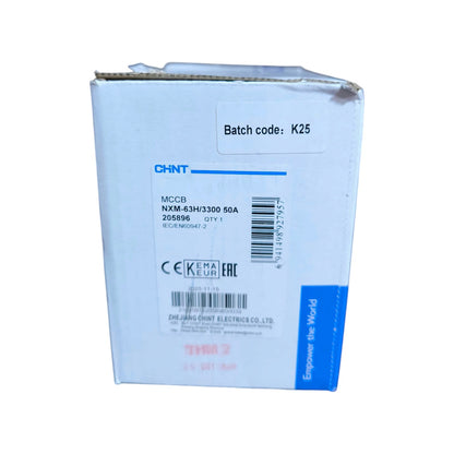 A white cardboard product box with blue CHINT branding and printed barcodes, photographed against a plain white background.