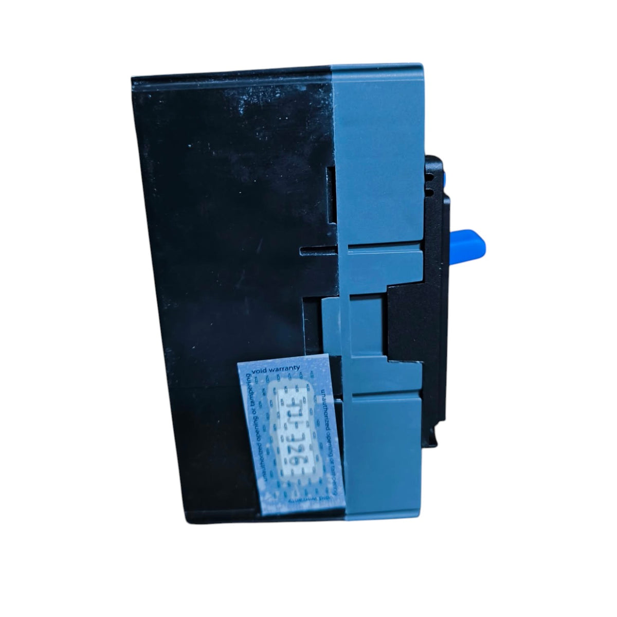 A black and blue electrical circuit breaker or fuse holder with a small blue handle and a translucent label, shown on a plain white background.