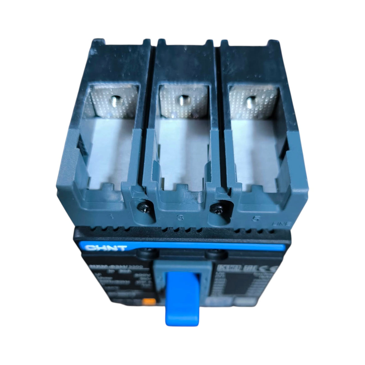 A CHNT circuit breaker module with three open terminal compartments at the top and a blue switch handle on the front, shown against a plain white background.