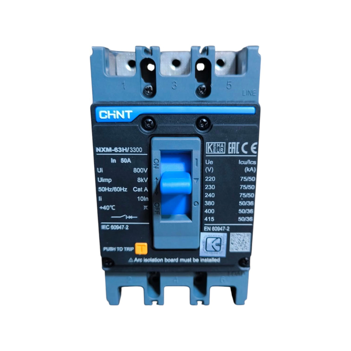 A blue and black CHNT electrical contactor relay, model NXXM-63M/F3500, with a blue toggle switch, photographed on a solid white background.