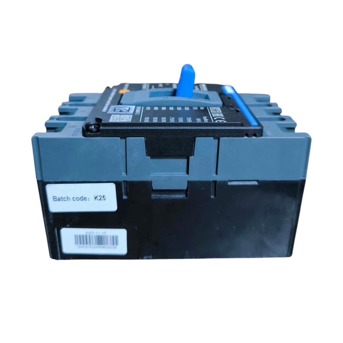 A heavy-duty electrical contactor or relay module with a dark gray and black plastic housing, featuring a blue top handle and a white label on the side.