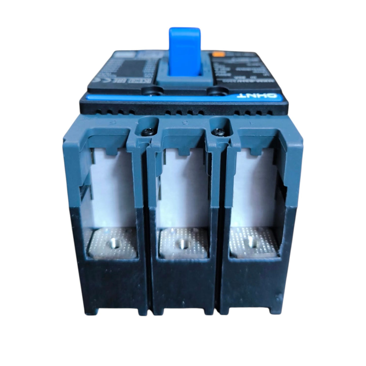 A three-pole electrical circuit breaker with a blue handle and blue accents, isolated on a white background.