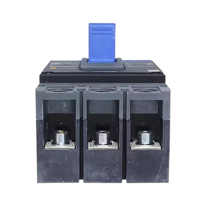 A three-pole industrial electrical contactor or breaker component with a black plastic body, three open front compartments showing silver metal contacts, and a blue handle on top, isolated on a white background.