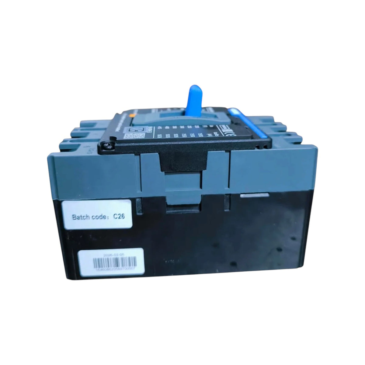 A heavy-duty electrical contactor or relay module with a dark gray and black body, featuring a blue top handle and white labels on the front, set against a plain white background.