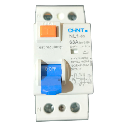 Electrical circuit breaker with 'CHINT' branding on a white background