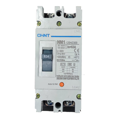 A CHNT NM1 125H/2300 63A electrical circuit breaker with a gray front panel, white plastic casing, and a blue brand logo, shown on a plain white background.