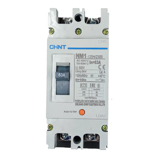 A CHNT NM1 125H/2300 63A electrical circuit breaker with a gray front panel, white plastic casing, and a blue brand logo, shown on a plain white background.