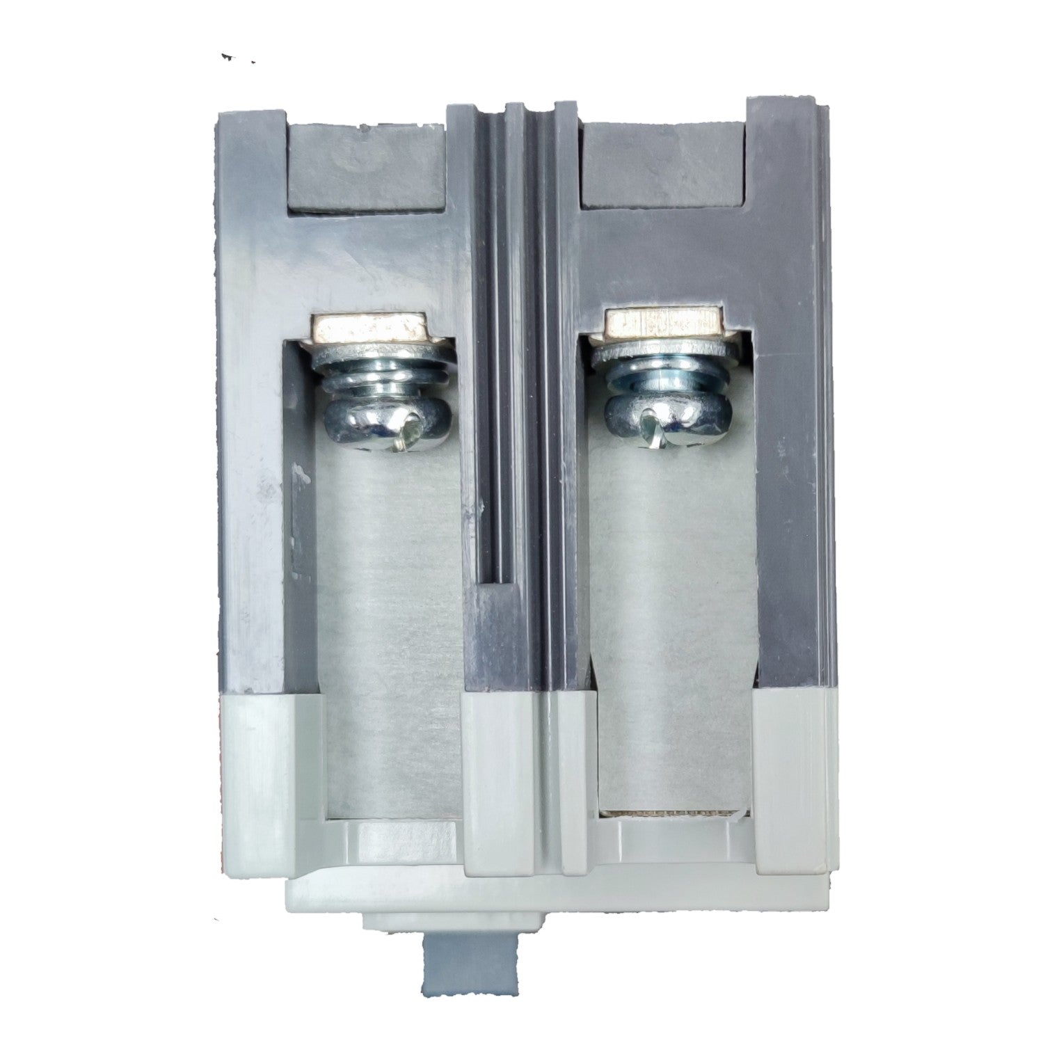 A dual-channel metal mechanical component, likely a door stopper or safety switch bracket, featuring brushed silver aluminum rails, gray plastic housings, and silver metal springs, shown against a plain white background.