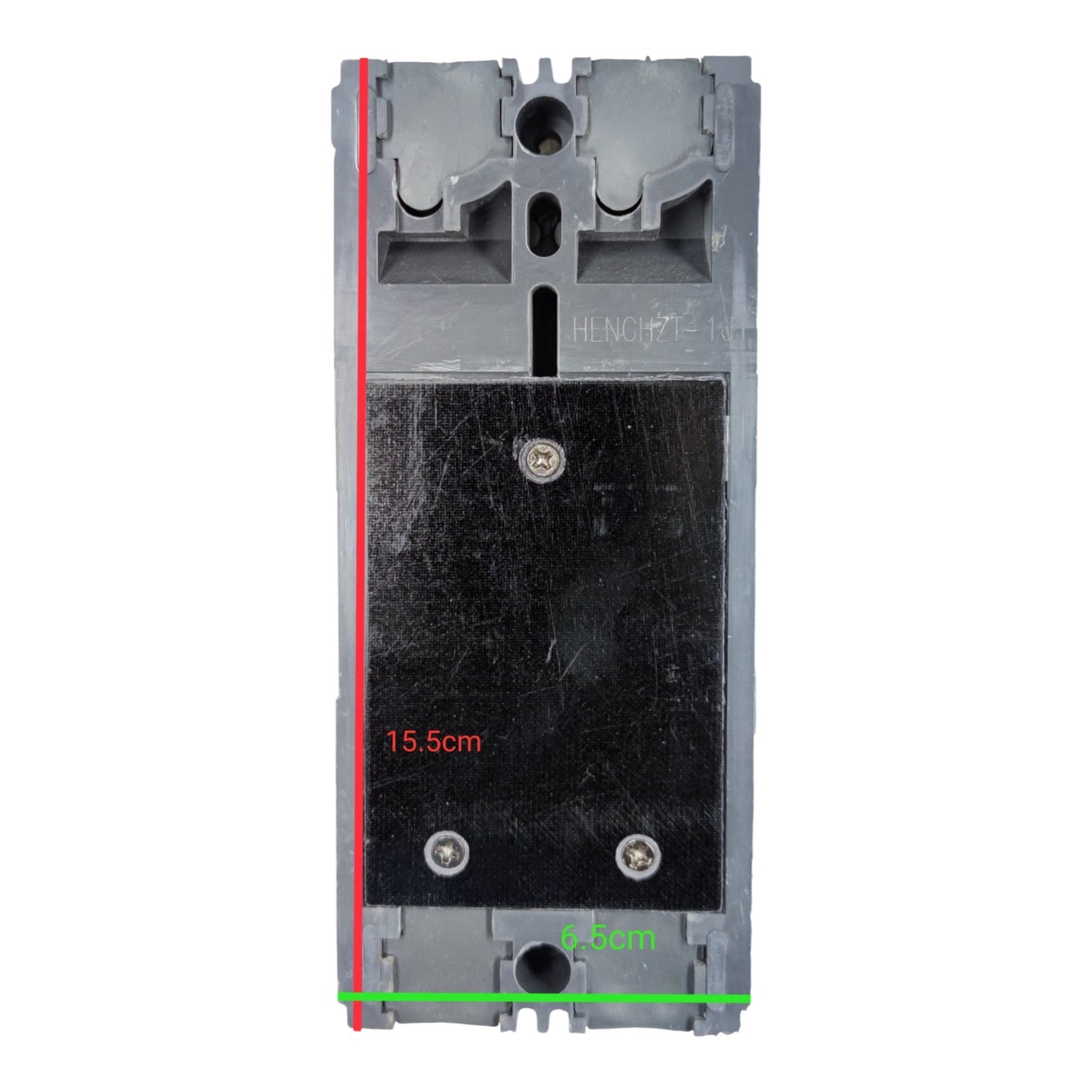 A gray plastic electrical contactor or relay component shown from the back, with a large black central plate and red, green, and white measurement lines and text indicating dimensions.