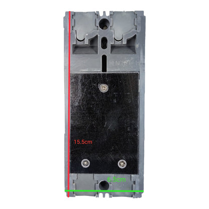 A gray plastic electrical contactor or relay component shown from the back, with a large black central plate and red, green, and white measurement lines and text indicating dimensions.