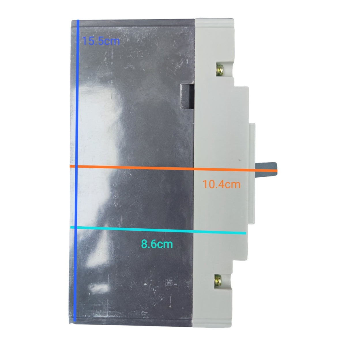 A rectangular gray plastic component with a small protruding tab on the right, shown on a white background with blue, orange, and cyan dimension lines and labels reading 15.6cm, 10.