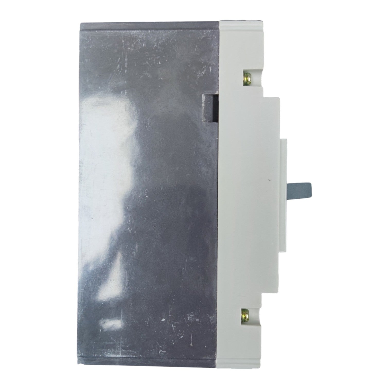 A rectangular electrical switch component with a dark gray metallic front plate and a white side housing, shown against a plain white background.